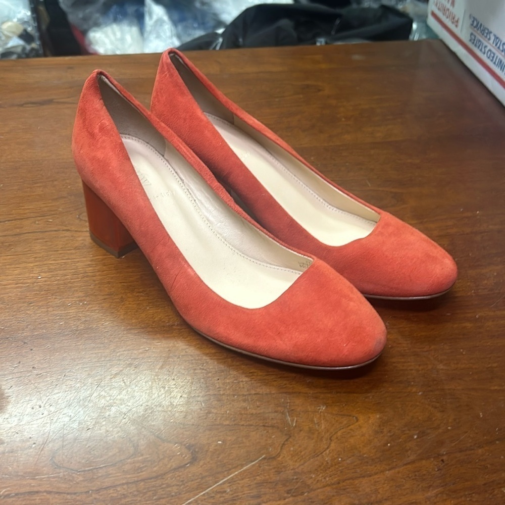 Used JCrew Lucite Heels in Suede $218 Fiery Sunset red Shoe f5959
